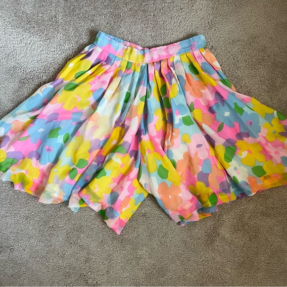 Vintage 80s Emanuel Ungaro Bright Floral Sheer Silk A-Line Flowy Skort size 2 - Picture 6 of 9